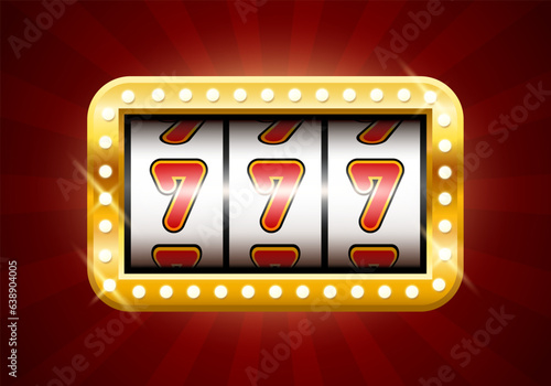 Jackpot. Slot machine with three sevens. Screen slot machine in a golden frame with light bulbs. Vector clipart.