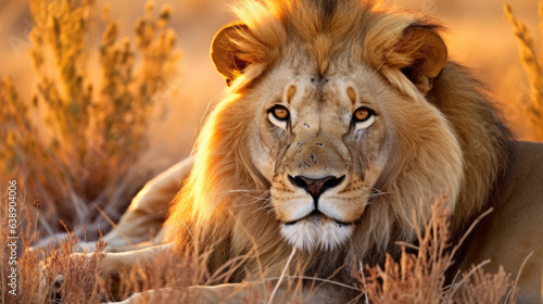 Big male African lion (Panthera leo) lying in the grass, Etosha National Park, Namibia, southern Africa © Sasint