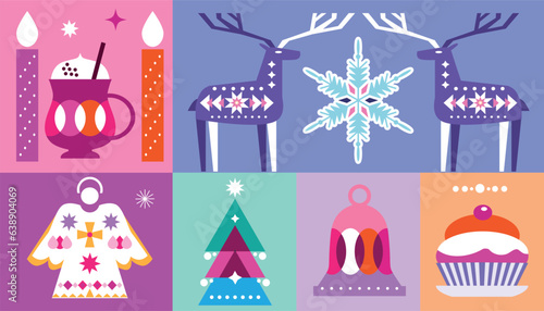 Merry Christmas  and Happy New Year  Christmas  decoration   Holiday winter background  Vintage template design with  deer, tree, ball-toy, snowflake,   Vector  illustration