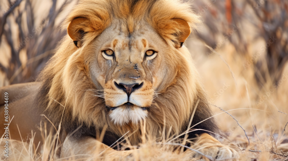 Big male African lion (Panthera leo) lying in the grass, Etosha National Park, Namibia, southern Africa