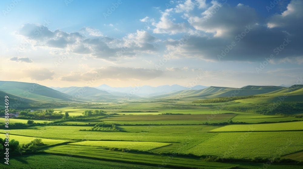 A Serene Panorama: Vibrant green fields stretch endlessly, adorned with diverse crops. The gentle sun casts long shadows, creating a picturesque agricultural landscape.