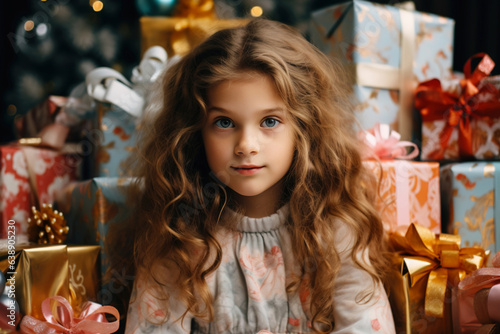 Pretty girl on the background of a pile of Christmas gifts looking at camera