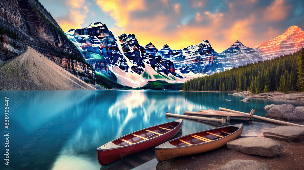 Canoes on a jetty at Moraine lake, Banff national park in the Rocky Mountains, Alberta, Canada - obrazy, fototapety, plakaty 
