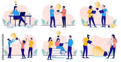 Business idea vector collection - Set of illustrations with team of people coming up with ideas  and light bulbs while working on computers. Flat design with white background