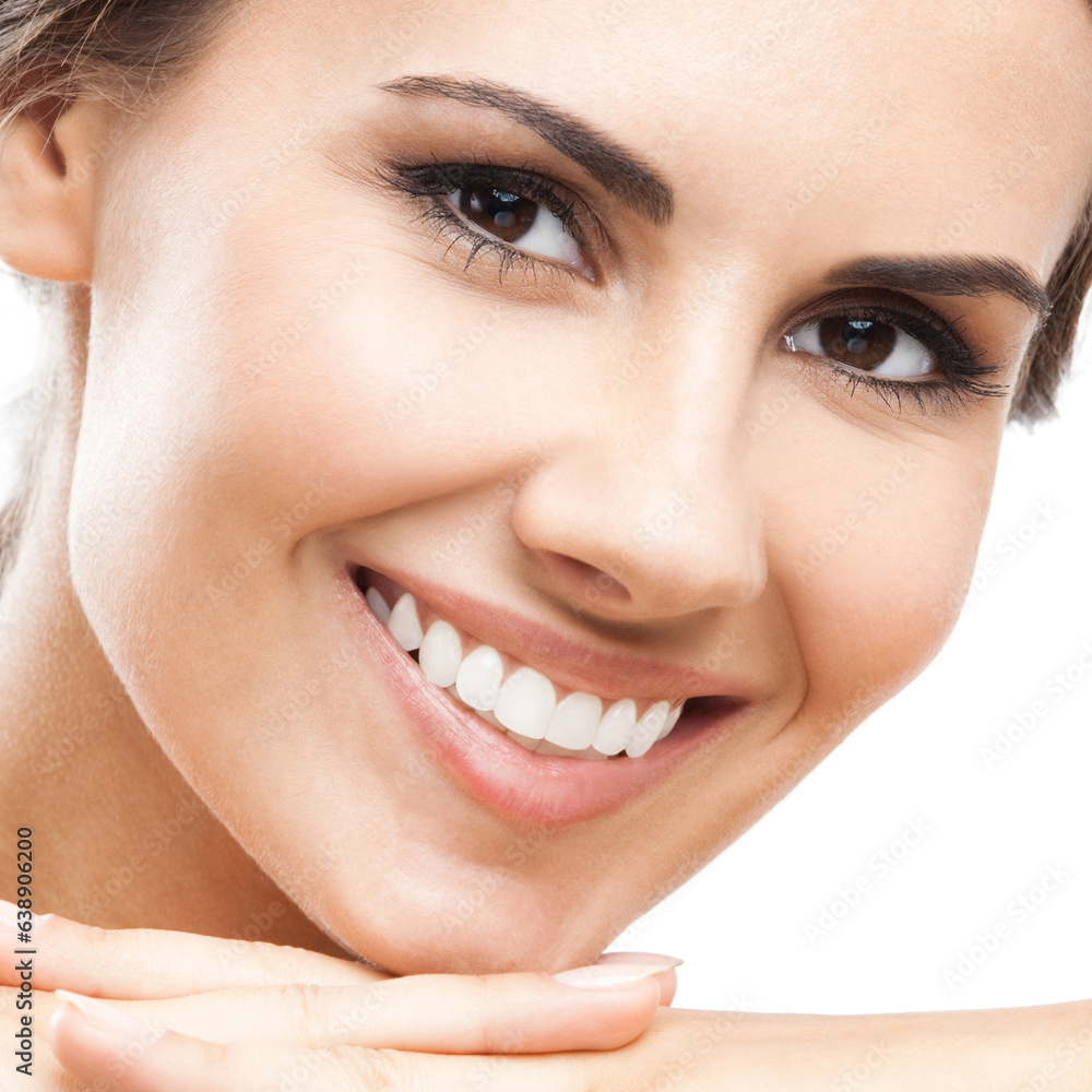 Face portrait photo of beautiful young happy smiling woman, isolated white background. Studio image of cheerful smile brunette beauty girl. Face portrait photo of beautiful young happy smiling woman, isolated white background. Studio image of cheerful smile brunette beauty girl.