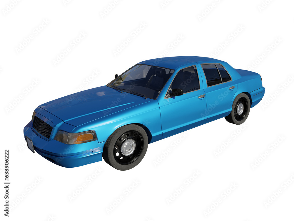Blue passenger car side front view isolated 3d render