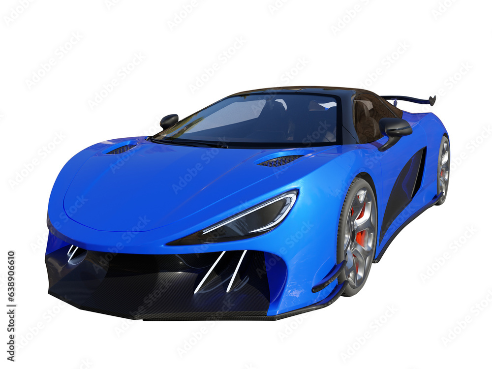 Blue modern sports car front angle view isolated 3d render
