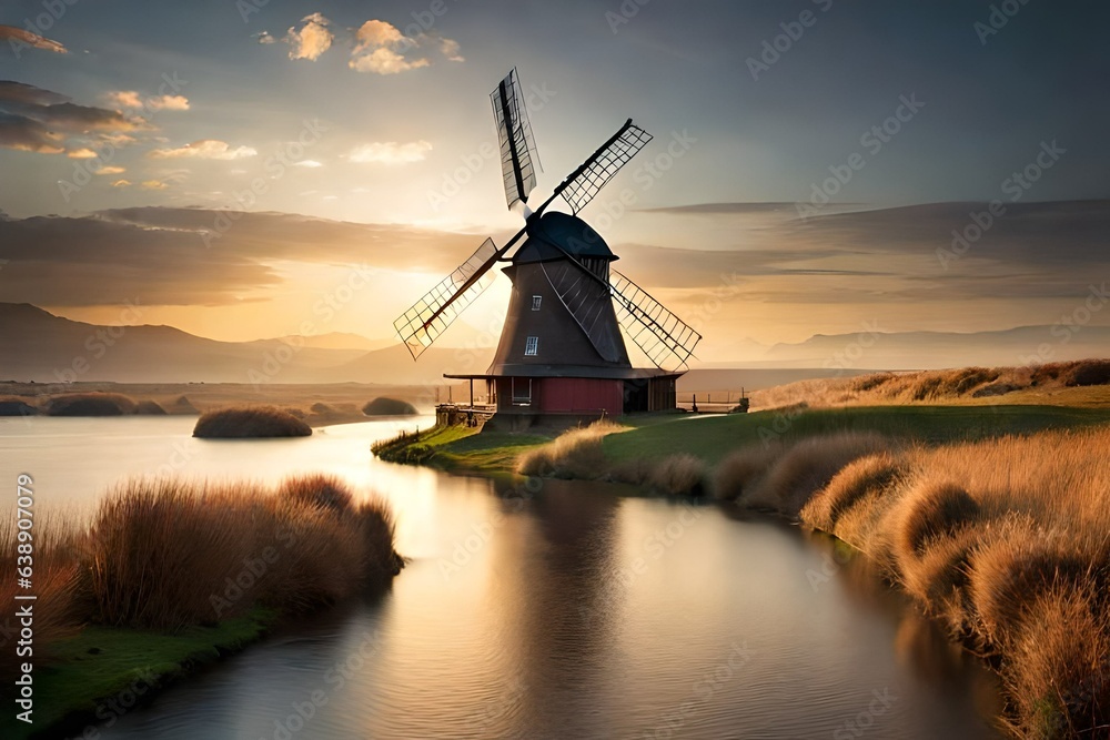 dutch windmill at sunset  Generated Ai