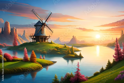 Fotografia dutch windmill at sunset  Generated Ai