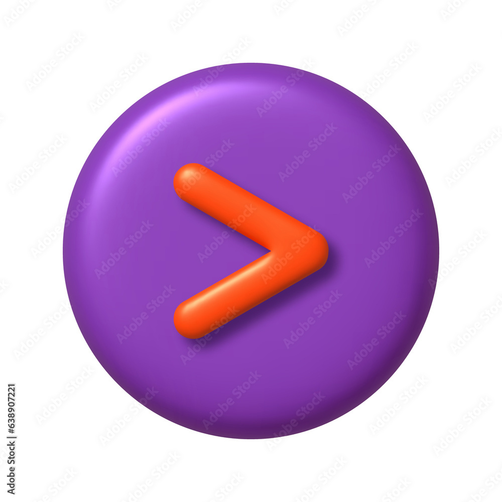 Math 3D icon. Orange arithmetic greater than sign on purple round button. 3d png realistic design element. Math 3D icon. Orange arithmetic greater than sign on purple round button. 3d png realistic design element.