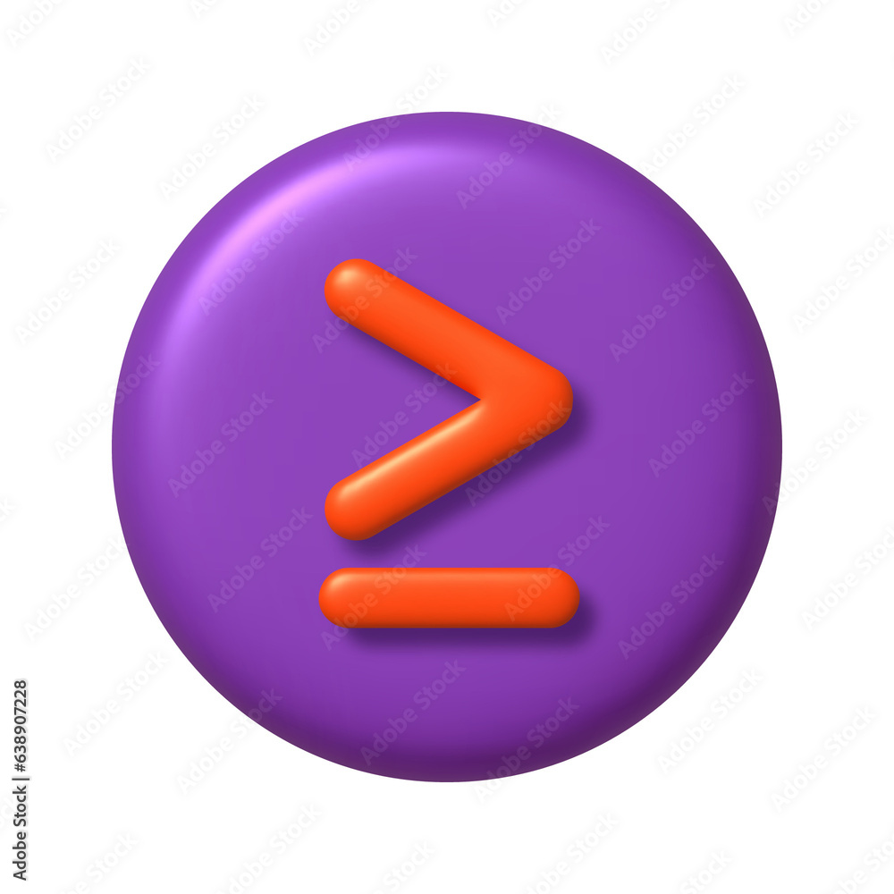 Math 3D icon. Orange arithmetic greater than or equal sign on purple round button. 3d png realistic design element. Math 3D icon. Orange arithmetic greater than or equal sign on purple round button. 3d png realistic design element.