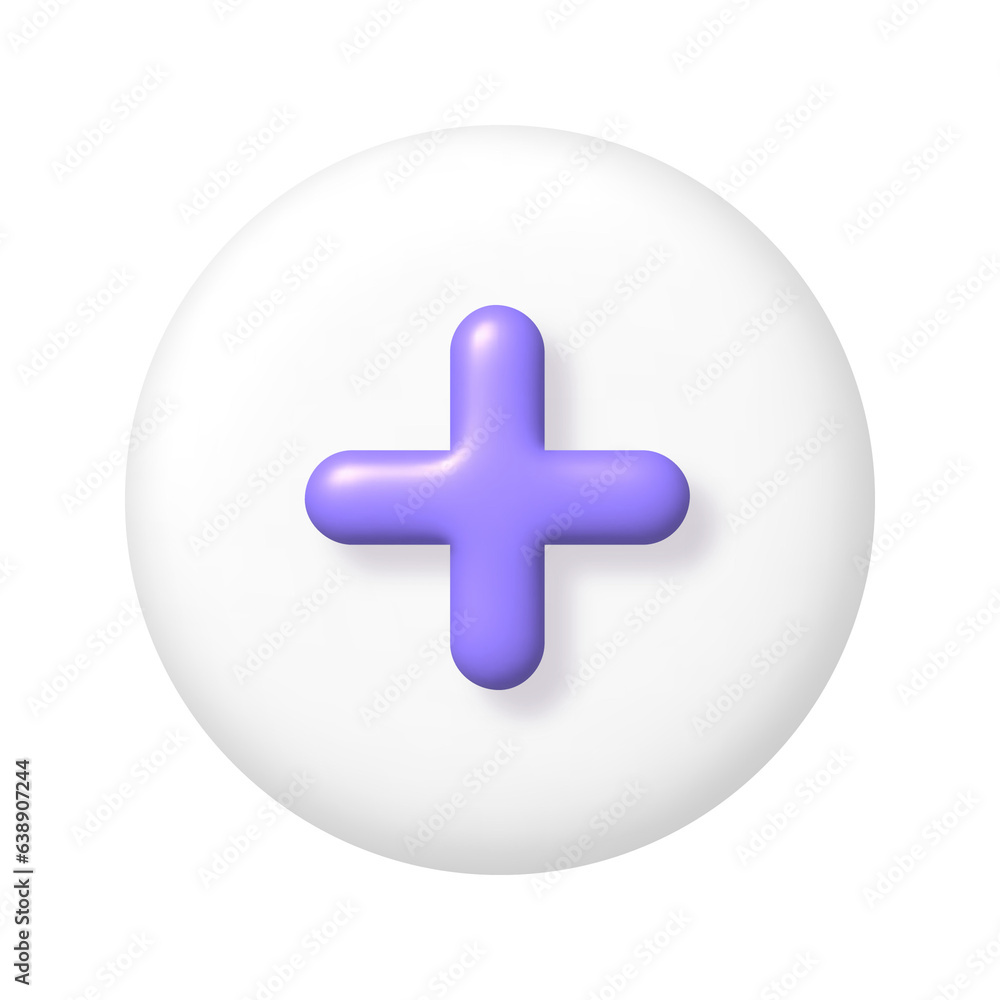 Fototapeta premium Math 3D icon. Purple arithmetic plus sign on white round button. 3d png realistic design element.
