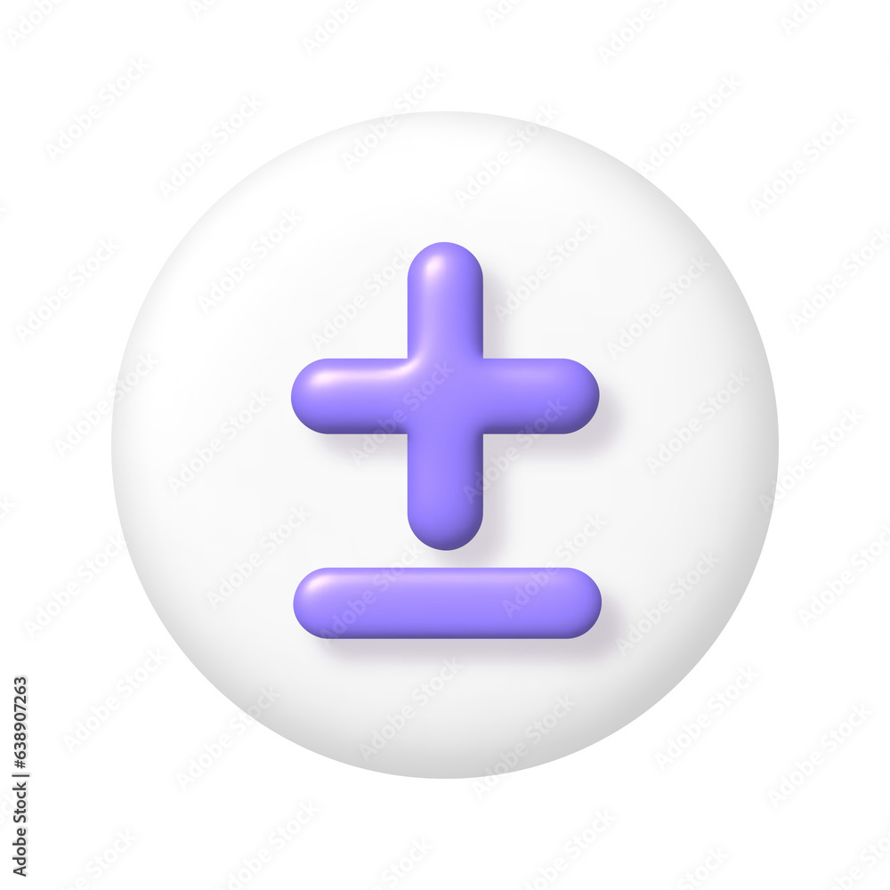 Math 3D icon. Purple arithmetic plus and minus signs on white round button. 3d png realistic design element. Math 3D icon. Purple arithmetic plus and minus signs on white round button. 3d png realistic design element.