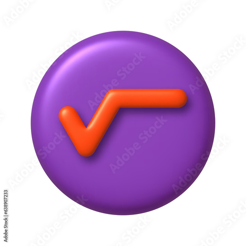 Math 3D icon. Orange square root sign on purple round button. 3d png realistic design element.