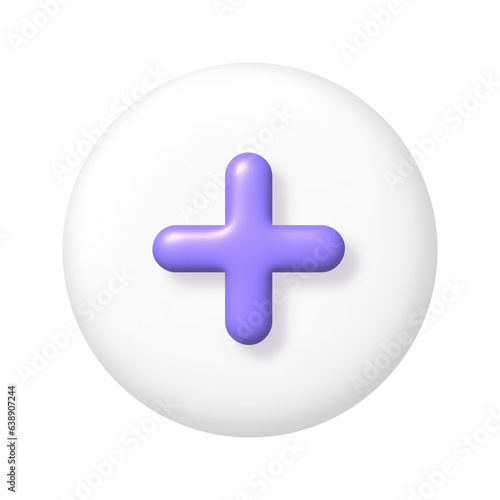 Math 3D icon. Purple arithmetic plus sign on white round button. 3d png realistic design element.