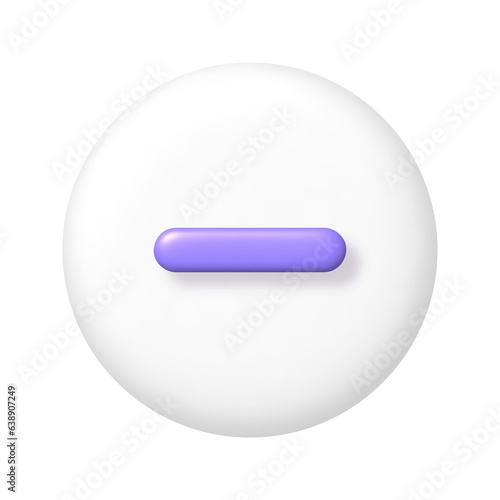 Math 3D icon. Purple arithmetic minus sign on white round button. 3d png realistic design element.
