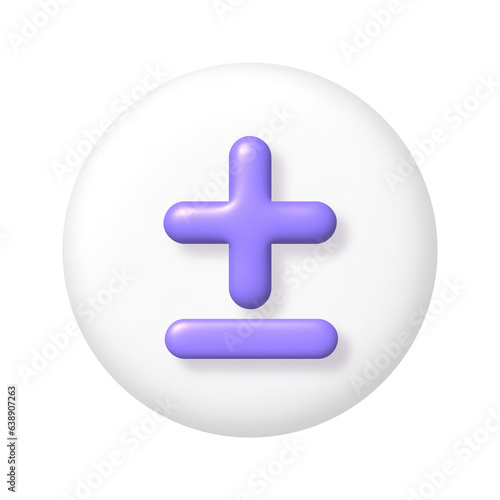 Math 3D icon. Purple arithmetic plus and minus signs on white round button. 3d png realistic design element.