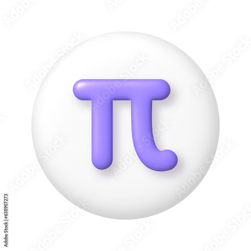 Math 3D icon. Purple Pi sign on white round button. 3d png realistic design element.