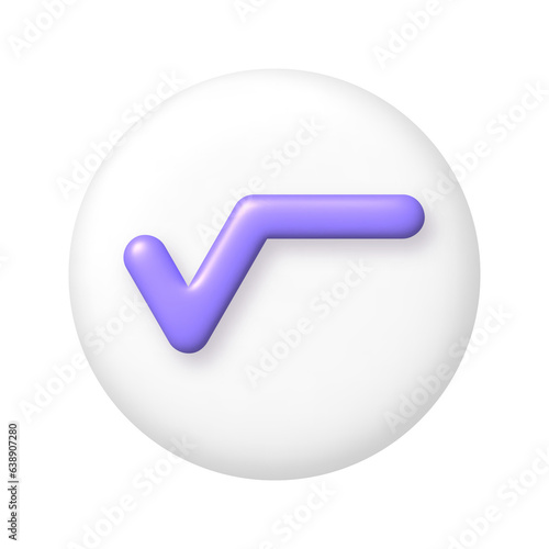 Math 3D icon. Purple square root sign on white round button. 3d png realistic design element.