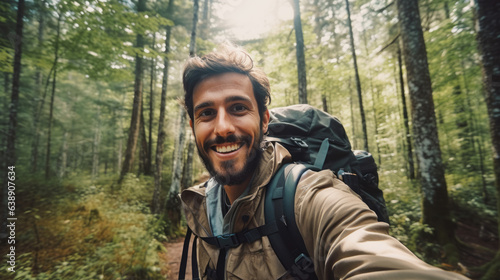 Digital nomad, Photo vlogger, Travel blogger trekking and filming in destination forest. taking selfie. © Sasint