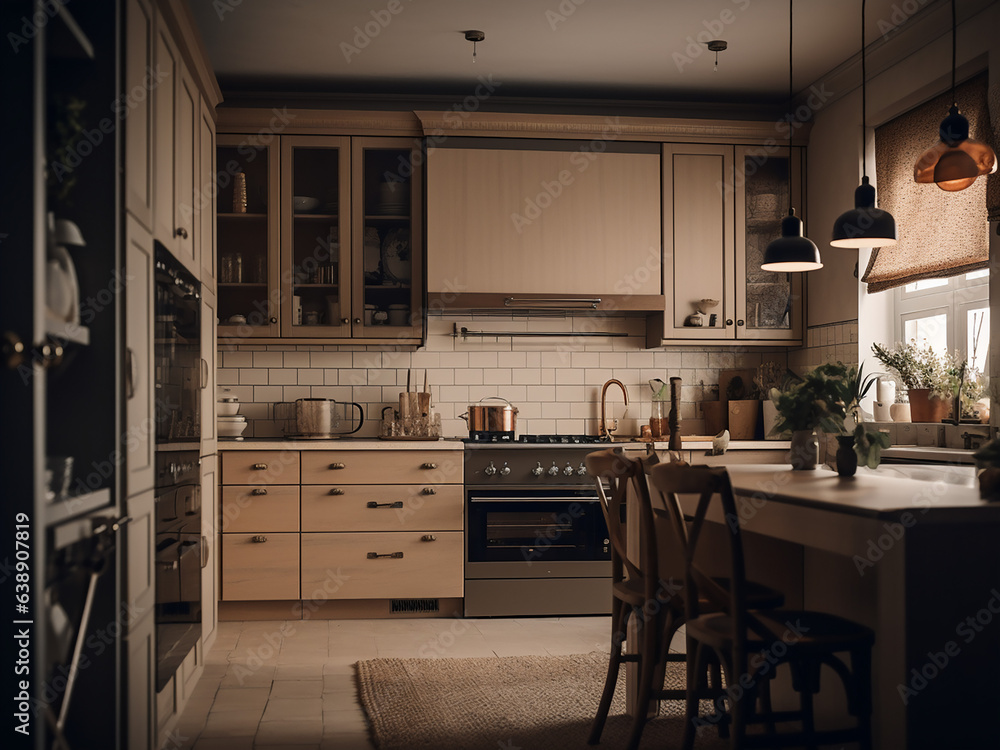 Bright beige kitchen room with a cozy ambiance. AI Generate. Bright beige kitchen room with a cozy ambiance. AI Generate.