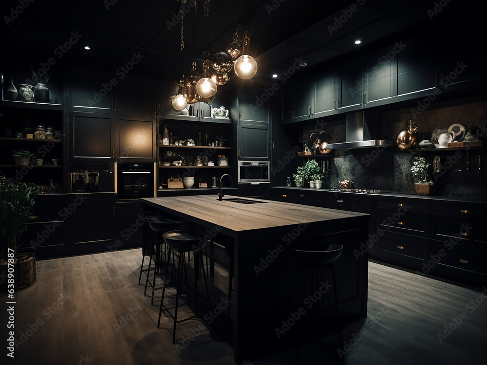 Black kitchen space complemented by stylish furniture. AI Generate.