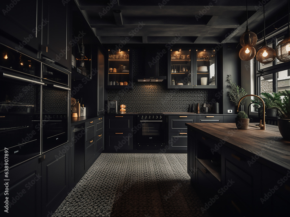 Black kitchen offering a harmonious design approach. AI Generate. Black kitchen offering a harmonious design approach. AI Generate.