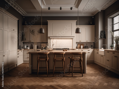 Beige kitchen interior showcasing clean aesthetics. AI Generate.