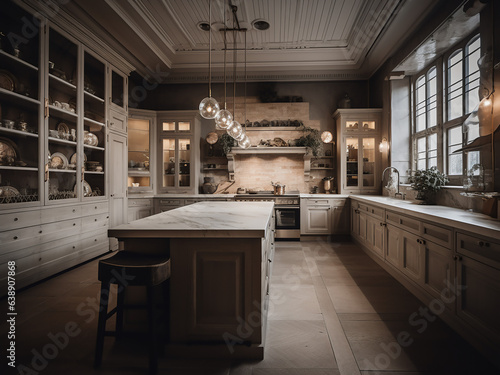 Beige kitchen space adorned with beautiful lighting. AI Generate.