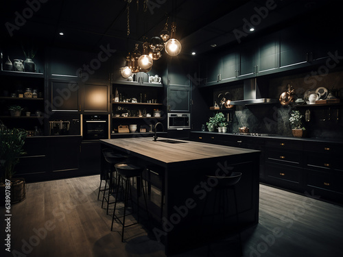 Black kitchen space complemented by stylish furniture. AI Generate.