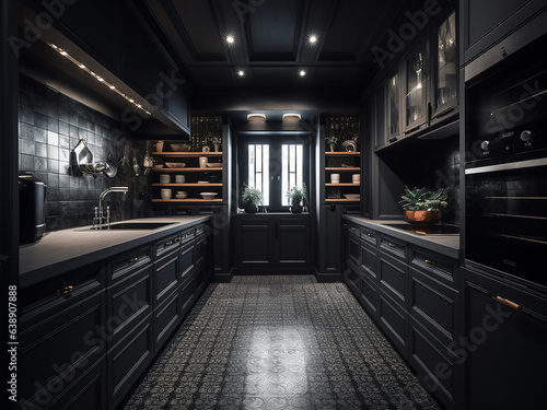 Minimalist black kitchen showcasing clean lines. AI Generate.