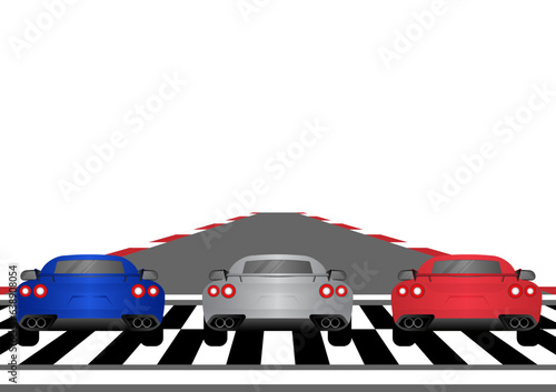 Racing Car on Racing Track Driving to Finish Point. Racing track with Racing Car.  Race track road. Vector Illustration.