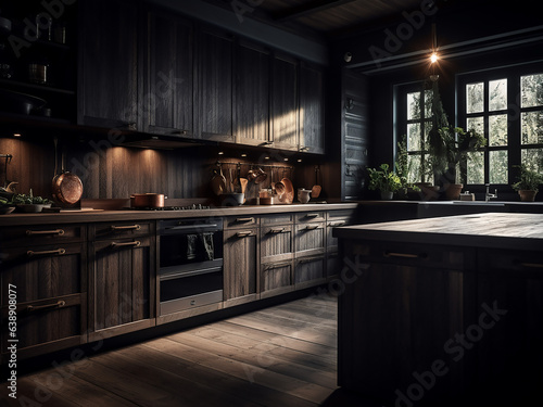 Dark wood kitchen room showcasing a luxurious design. AI Generate.