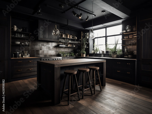 Timeless dark wood kitchen interior with classic charm. AI Generate.