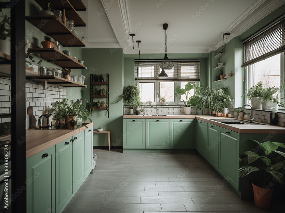 Timeless light green kitchen offering a tranquil ambiance. AI Generate.