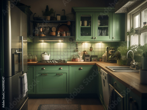 Inviting light green kitchen interior with chic decor. AI Generate.