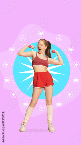 Contemporary art collage. Pretty smiling girl dressed sporty doing exercises for muscles with dumbbells surrounded medicine sings and drawing elements.