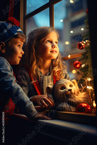 Children Watching Christmas Tree and Decorations Amidst Glowing Window, a christmas tree with lights outside.