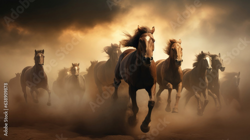 Horse herd run in desert sand storm against dramatic sunset sky