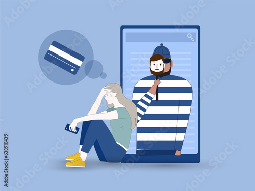 Criminal hacker holding friends mask for hacking on mobile phone screen stealing money ,cyber crime, theft of personal data, password, credit card flat vector illustration.