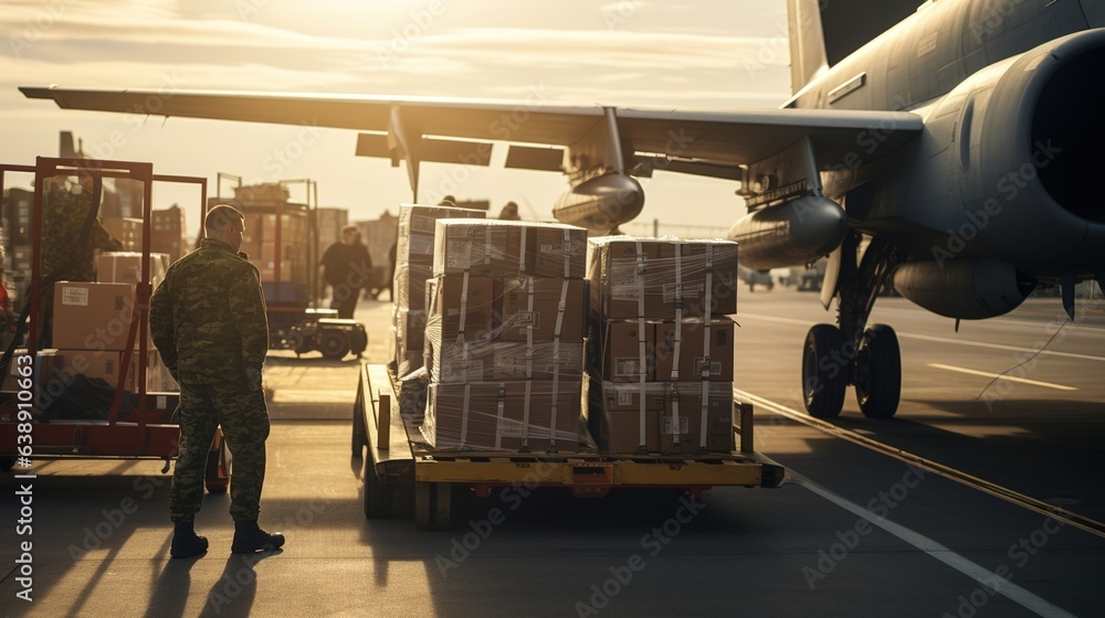 Supply of weapons. Unloading boxes of ammunition at a military airport. Ai design - obrazy, fototapety, plakaty 