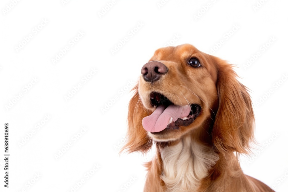 Cute adult dog looking up side view, isolated on white background with copy space. Close up portrait funny animal.