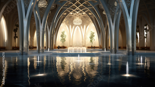 Elegant Interior of Mosque with Water Pond and Pool