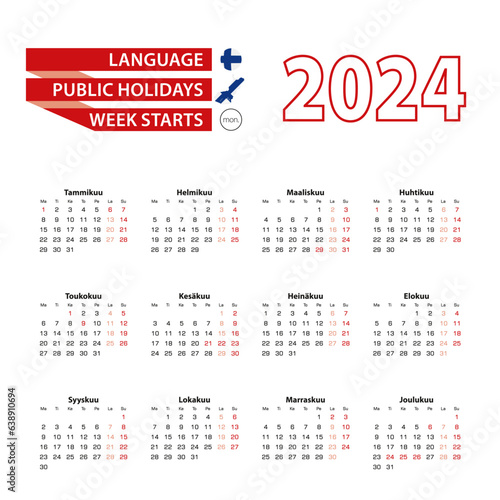 Calendar 2024 in Finnish language with public holidays the country of Finland in year 2024.