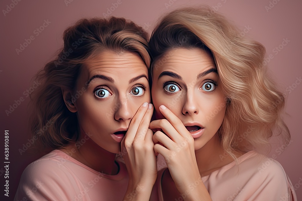 Young women on a pink background are having a secret conversation, expressing surprise and intrigue. Young women on a pink background are having a secret conversation, expressing surprise and intrigue.