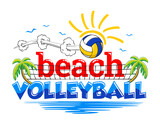 Beach volleyball invitation card. Flyer with volleyball, palm trees and sea. Vector on transparent background