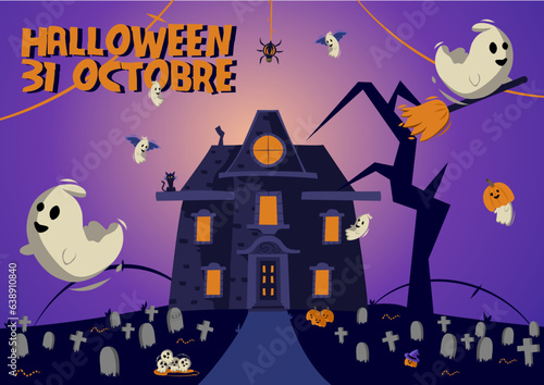 vecteur halloween, éléments cartoons, fantômes, chat, araignée, manoir, hanté.