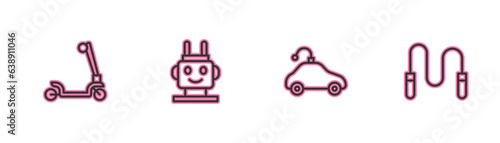 Set line Roller scooter, Radio controlled car toy, Robot and Jump rope icon. Vector