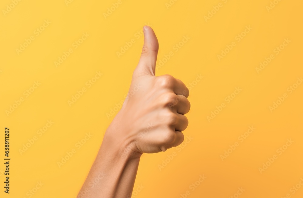 Positive approval thumbs up Hand Gesture on yellow Background