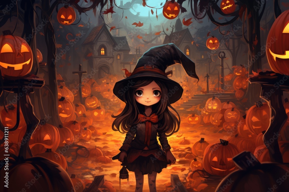 witch at halloween night with pumpkins
